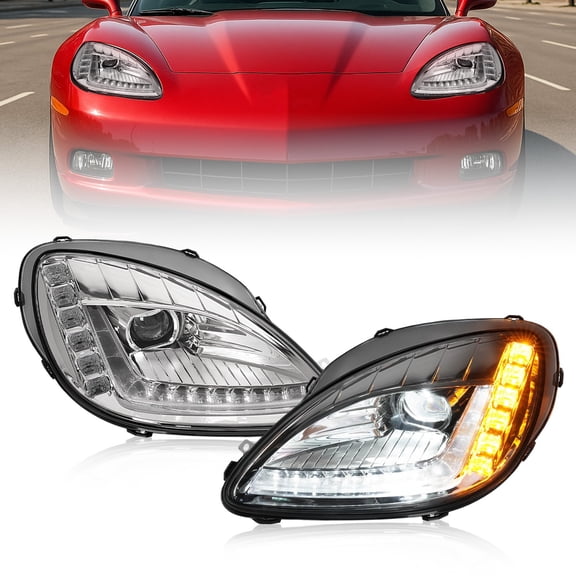 For Chevrolet Corvette C6 05-13 LED Pair Headlights Sequential LH&RH Side Chrome
