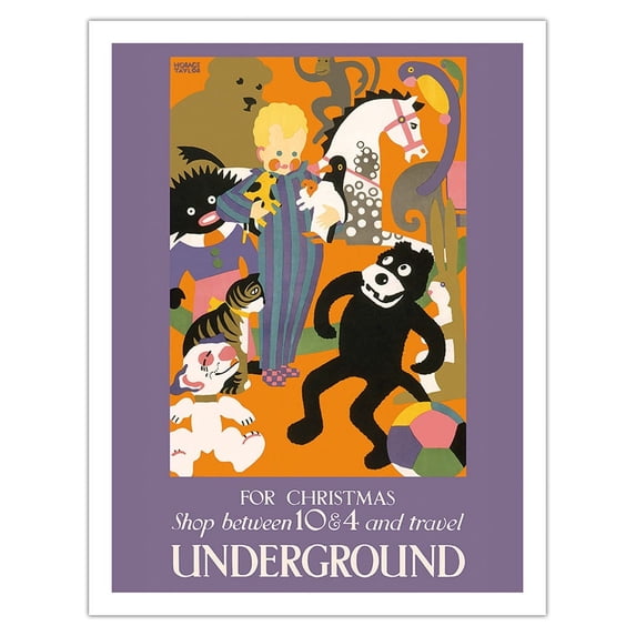 For Christmas Shop between 10 & 4 and Travel Underground - London Underground (The Tube) - Vintage Railroad Travel Poster by Horace Taylor c.1924 - Fine Art Matte Paper Print (Unframed) 20x26in