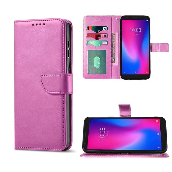 For Consumer Cellular IRIS Connect SH4650 Wallet Pouch Cover Phone Case + Tempered Glass - EM Pink