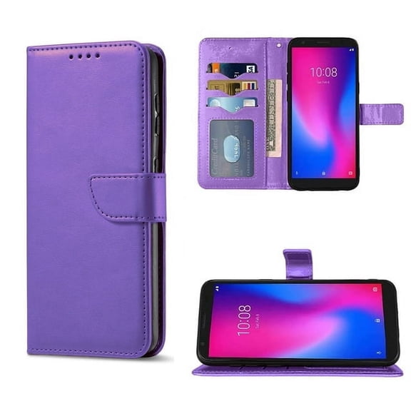 For Consumer Cellular IRIS Connect SH4650 Wallet Pouch Cover Phone Case + Tempered Glass - EM Purple