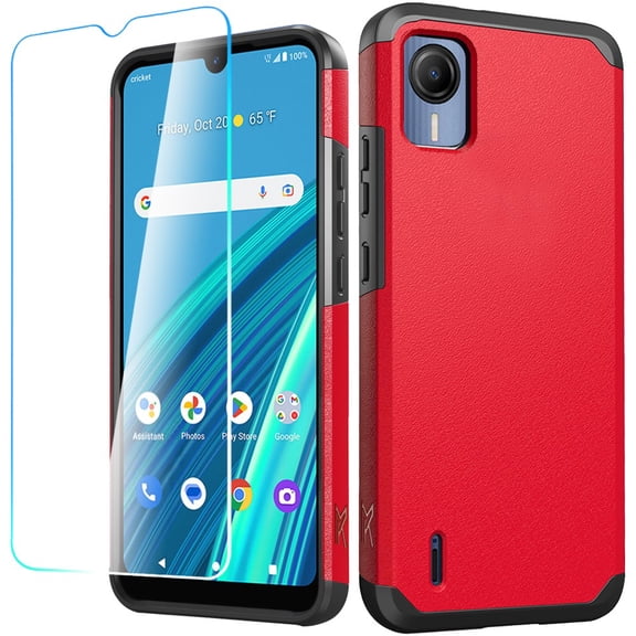 For Cricket Debut S2 Tough Strong Protection Shock Absorption Hybrid Dual Layer Hard PC TPU Rubber + Screen Protector Cover ,Xpm Phone Case [ Red ]