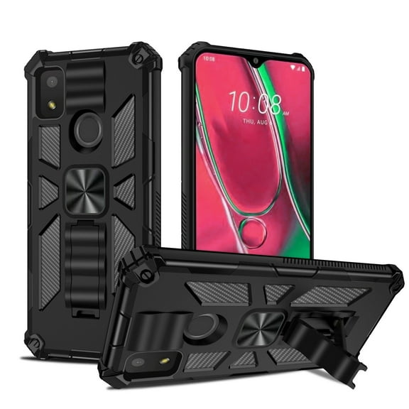 For Cricket Icon 4 Case Kickstand Phone Cover Full Protection Armor Shockproof Rugged Case with Free 9H Tempered Glass Screen Protector - Black