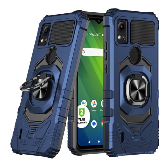 For Cricket Icon 5 Armor Dual Layer Metal Ring Stand Magnetic Car Mount Hybrid Impact Protective Shockproof Case Cover Blue