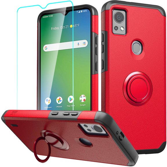 For Cricket Icon 5 Kickstand Tough Hybrid with 360 Rotate Ring Stand Magnetic PC TPU Shockproof + Screen Protectror Cover ,Xpm Phone Case [ Red ]