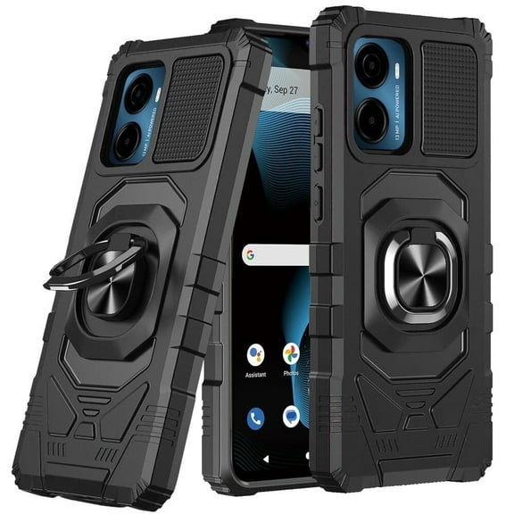 For Cricket Magic 2 5G 2024 U655AC Robotic Ring Kickstand Phone Case + Tempered Glass - Black