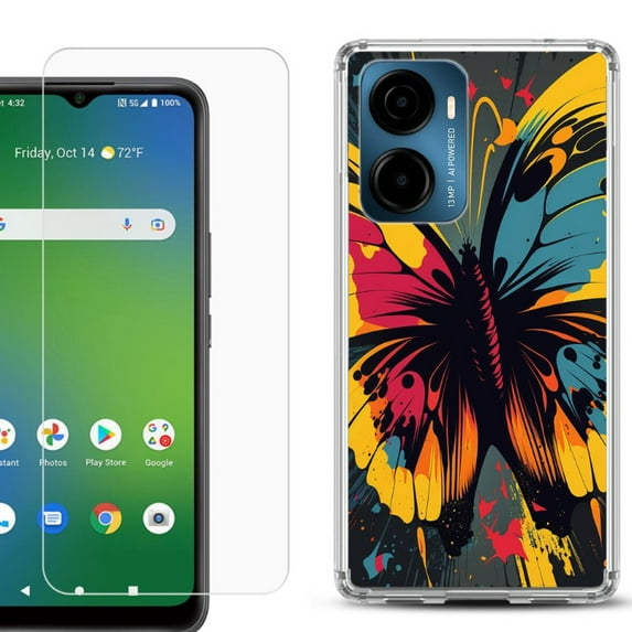 For Cricket Magic 2 5G Phone Case Cover, Shockproof Bumper Hybrid Case with Tempered Glass Screen Protector, by OneToughShield - Abstract Butterfly