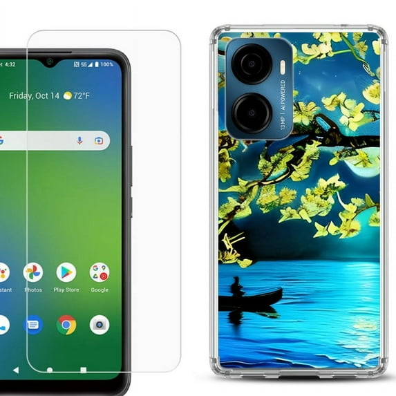 For Cricket Magic 2 5G Phone Case Cover, Shockproof Bumper Hybrid Case with Tempered Glass Screen Protector, by OneToughShield - Almond Blossom Night