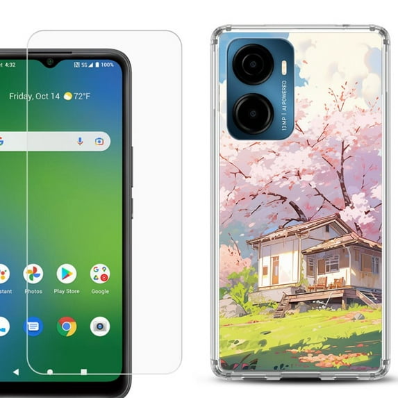 For Cricket Magic 2 5G Phone Case Cover, Shockproof Bumper Hybrid Case with Tempered Glass Screen Protector, by OneToughShield - Aura Spring