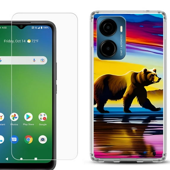 For Cricket Magic 2 5G Phone Case Cover, Shockproof Bumper Hybrid Case with Tempered Glass Screen Protector, by OneToughShield - Bear