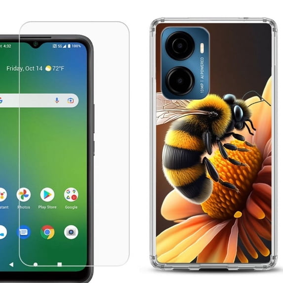 For Cricket Magic 2 5G Phone Case Cover, Shockproof Bumper Hybrid Case with Tempered Glass Screen Protector, by OneToughShield - Bee