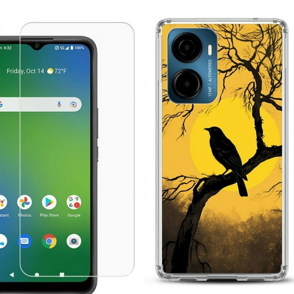 For Cricket Magic 2 5G Phone Case Cover, Shockproof Bumper Hybrid Case with Tempered Glass Screen Protector, by OneToughShield - Bird Sunset