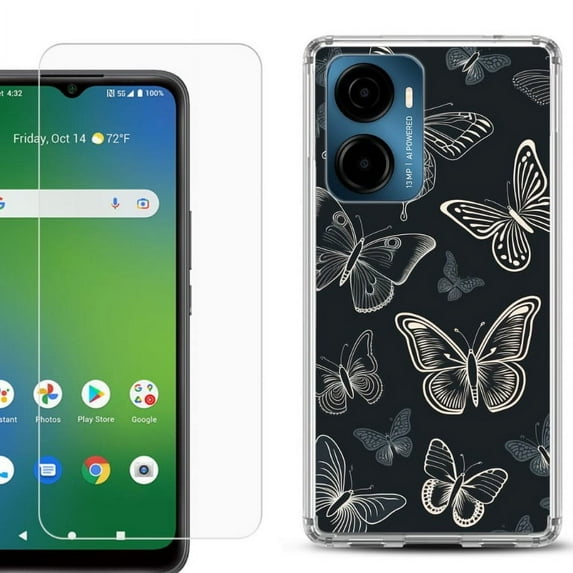 For Cricket Magic 2 5G Phone Case Cover, Shockproof Bumper Hybrid Case with Tempered Glass Screen Protector, by OneToughShield - Butterfly BW