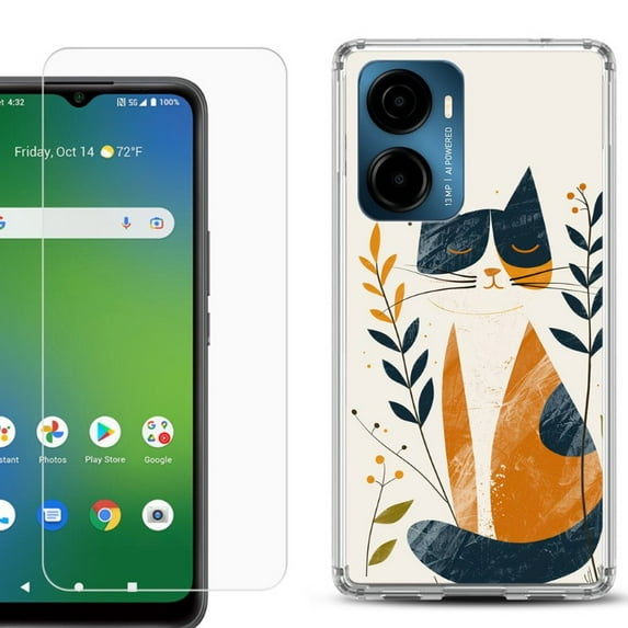 For Cricket Magic 2 5G Phone Case Cover, Shockproof Bumper Hybrid Case with Tempered Glass Screen Protector, by OneToughShield - Calm Cat