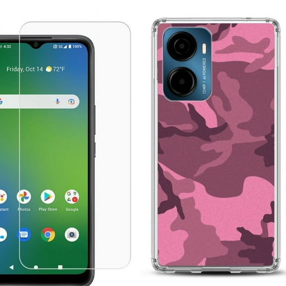 For Cricket Magic 2 5G Phone Case Cover, Shockproof Bumper Hybrid Case with Tempered Glass Screen Protector, by OneToughShield - Camo Pink