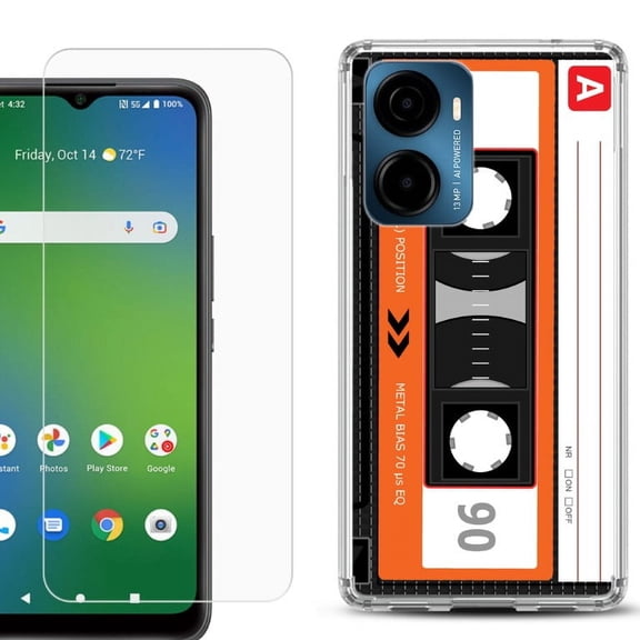 For Cricket Magic 2 5G Phone Case Cover, Shockproof Bumper Hybrid Case with Tempered Glass Screen Protector, by OneToughShield - Cassette Orange