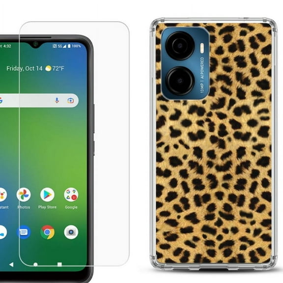 For Cricket Magic 2 5G Phone Case Cover, Shockproof Bumper Hybrid Case with Tempered Glass Screen Protector, by OneToughShield - Cheetah Gold/Black