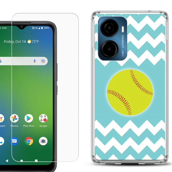 For Cricket Magic 2 5G Phone Case Cover, Shockproof Bumper Hybrid Case with Tempered Glass Screen Protector, by OneToughShield - Chevron/Softball