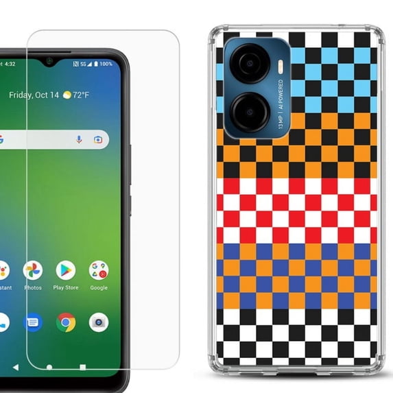 For Cricket Magic 2 5G Phone Case Cover, Shockproof Bumper Hybrid Case with Tempered Glass Screen Protector, by OneToughShield - Colorful Checker