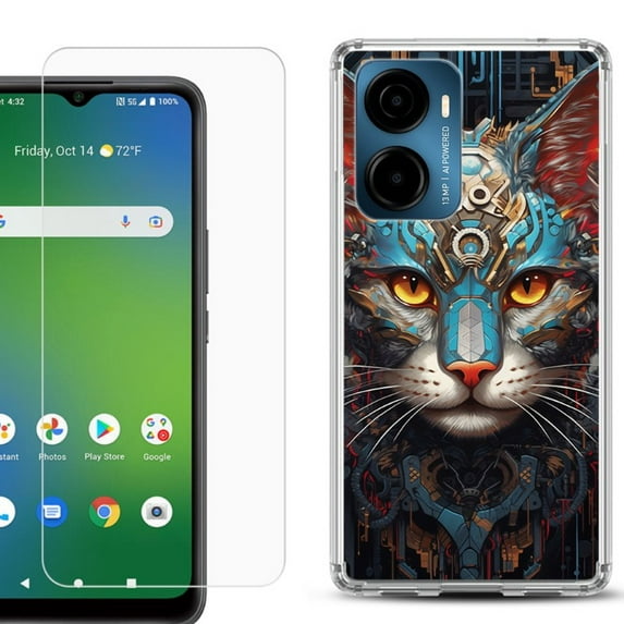 For Cricket Magic 2 5G Phone Case Cover, Shockproof Bumper Hybrid Case with Tempered Glass Screen Protector, by OneToughShield - Cyberpunk Cat