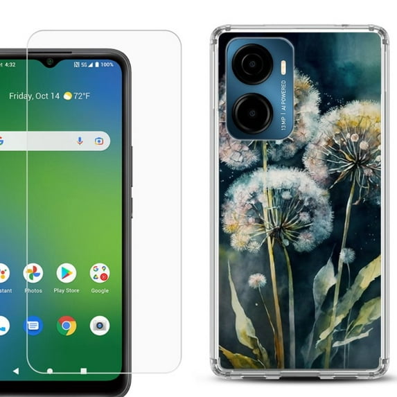 For Cricket Magic 2 5G Phone Case Cover, Shockproof Bumper Hybrid Case with Tempered Glass Screen Protector, by OneToughShield - Dandelion Color