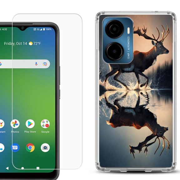 For Cricket Magic 2 5G Phone Case Cover, Shockproof Bumper Hybrid Case with Tempered Glass Screen Protector, by OneToughShield - Deer Running