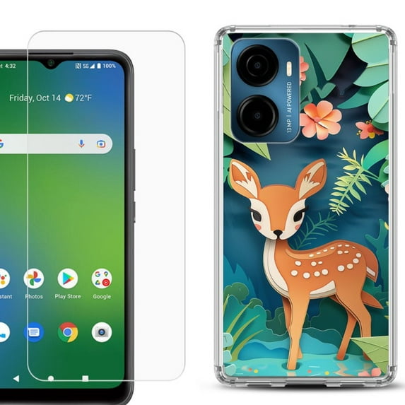 For Cricket Magic 2 5G Phone Case Cover, Shockproof Bumper Hybrid Case with Tempered Glass Screen Protector, by OneToughShield - Fawn Craft