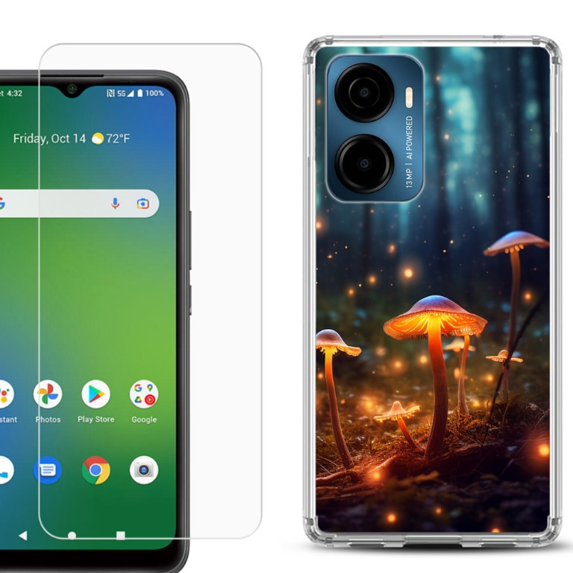 For Cricket Magic 2 5G Phone Case Cover, Shockproof Bumper Hybrid Case with Tempered Glass Screen Protector, by OneToughShield - Fireflies Mushroom