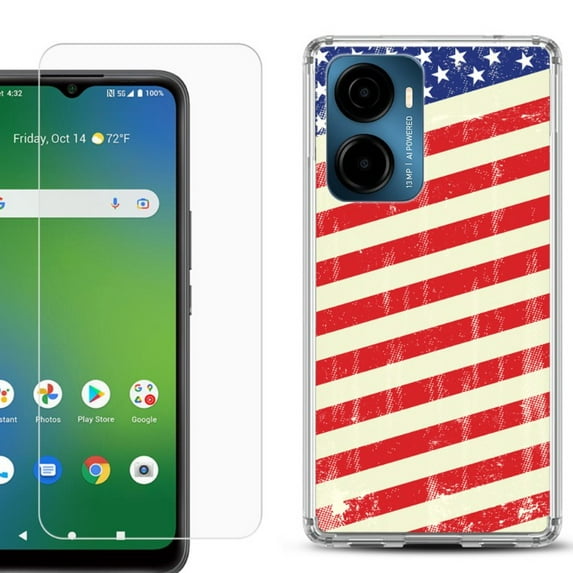 For Cricket Magic 2 5G Phone Case Cover, Shockproof Bumper Hybrid Case with Tempered Glass Screen Protector, by OneToughShield - Flag / USA