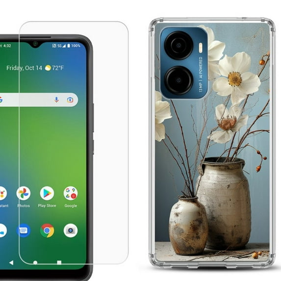 For Cricket Magic 2 5G Phone Case Cover, Shockproof Bumper Hybrid Case with Tempered Glass Screen Protector, by OneToughShield - Flower Sensation