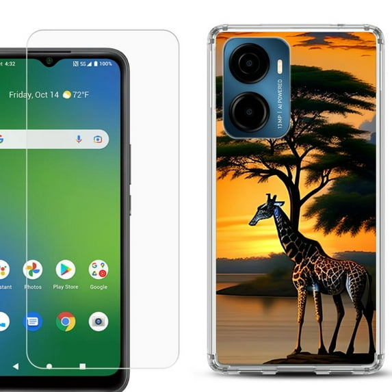 For Cricket Magic 2 5G Phone Case Cover, Shockproof Bumper Hybrid Case with Tempered Glass Screen Protector, by OneToughShield - Giraffe Sunset