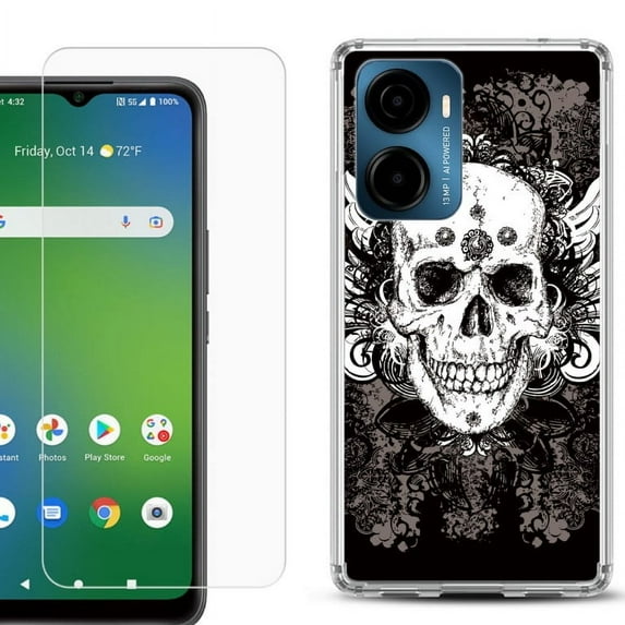 For Cricket Magic 2 5G Phone Case Cover, Shockproof Bumper Hybrid Case with Tempered Glass Screen Protector, by OneToughShield - Grunge Skull