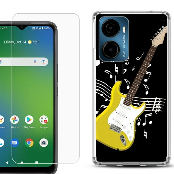 For Cricket Magic 2 5G Phone Case Cover, Shockproof Bumper Hybrid Case with Tempered Glass Screen Protector, by OneToughShield - Guitar Yellow