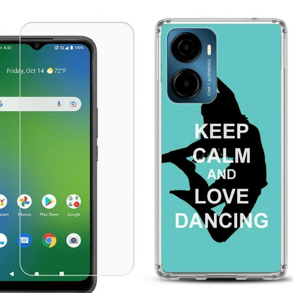 For Cricket Magic 2 5G Phone Case Cover, Shockproof Bumper Hybrid Case with Tempered Glass Screen Protector, by OneToughShield - Keep Calm / Dancing