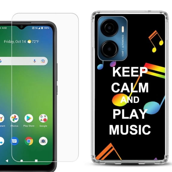 For Cricket Magic 2 5G Phone Case Cover, Shockproof Bumper Hybrid Case with Tempered Glass Screen Protector, by OneToughShield - Keep Calm Music
