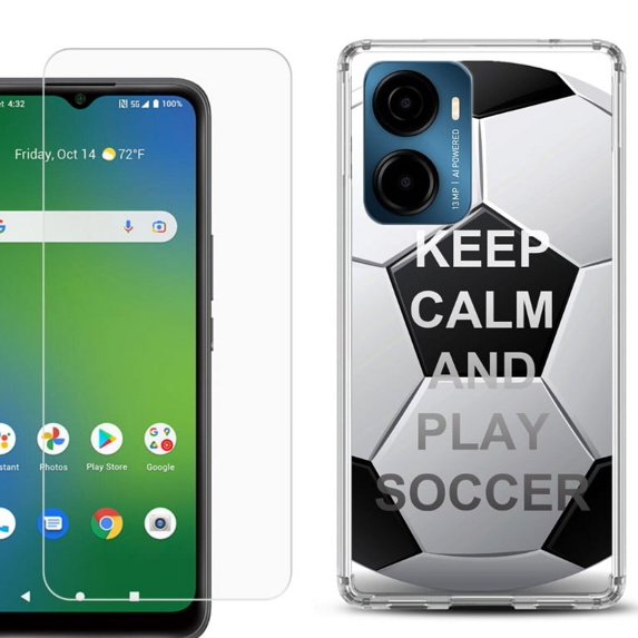 For Cricket Magic 2 5G Phone Case Cover, Shockproof Bumper Hybrid Case with Tempered Glass Screen Protector, by OneToughShield - Keep Calm Soccer