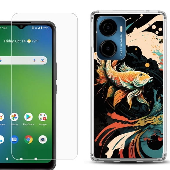 For Cricket Magic 2 5G Phone Case Cover, Shockproof Bumper Hybrid Case with Tempered Glass Screen Protector, by OneToughShield - Koi Fish