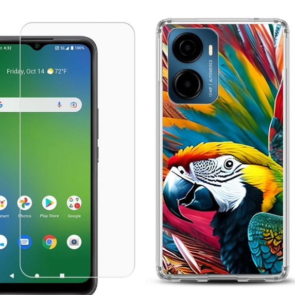 For Cricket Magic 2 5G Phone Case Cover, Shockproof Bumper Hybrid Case with Tempered Glass Screen Protector, by OneToughShield - Macaw