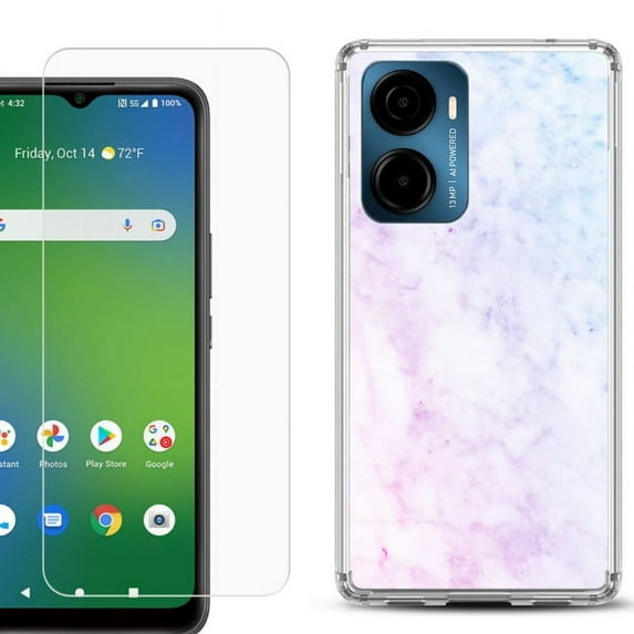 For Cricket Magic 2 5G Phone Case Cover, Shockproof Bumper Hybrid Case with Tempered Glass Screen Protector, by OneToughShield - Marble Pink/Blue