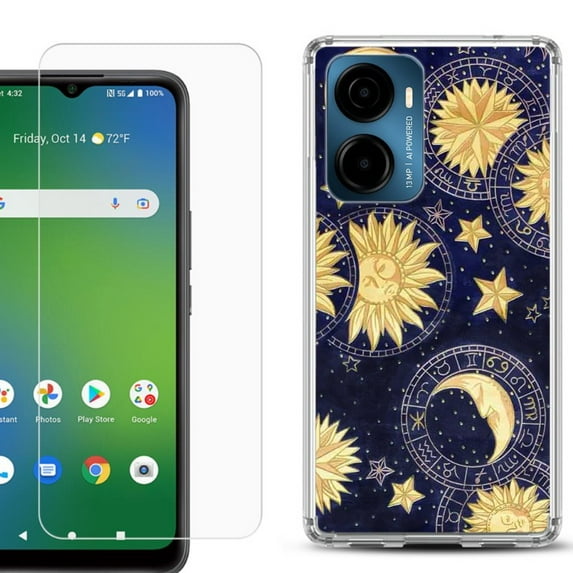 For Cricket Magic 2 5G Phone Case Cover, Shockproof Bumper Hybrid Case with Tempered Glass Screen Protector, by OneToughShield - Moon Sun Star