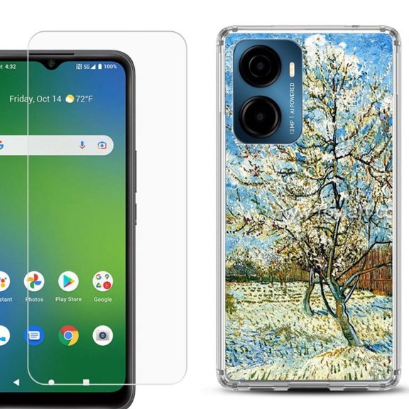For Cricket Magic 2 5G Phone Case Cover, Shockproof Bumper Hybrid Case with Tempered Glass Screen Protector, by OneToughShield - Peach Tree Blossom