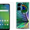 thumbnail image 1 of For Cricket Magic 2 5G Phone Case Cover, Shockproof Bumper Hybrid Case with Tempered Glass Screen Protector, by OneToughShield - Peacock Feather, 1 of 3