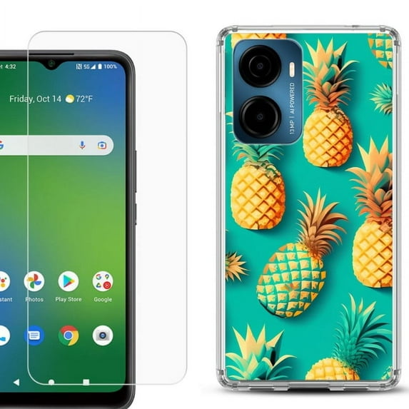 For Cricket Magic 2 5G Phone Case Cover, Shockproof Bumper Hybrid Case with Tempered Glass Screen Protector, by OneToughShield - Pineapple