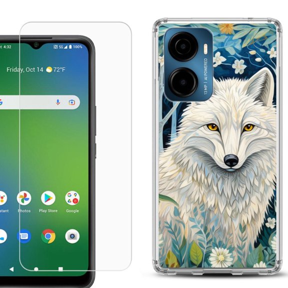 For Cricket Magic 2 5G Phone Case Cover, Shockproof Bumper Hybrid Case with Tempered Glass Screen Protector, by OneToughShield - Playful Wolf