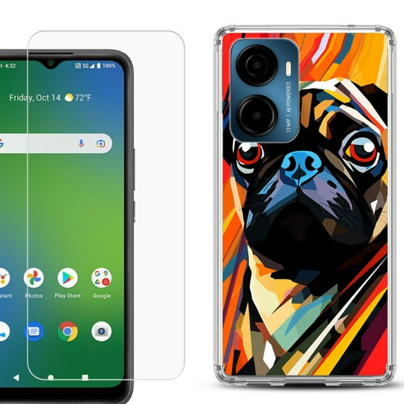 For Cricket Magic 2 5G Phone Case Cover, Shockproof Bumper Hybrid Case with Tempered Glass Screen Protector, by OneToughShield - Pug Art