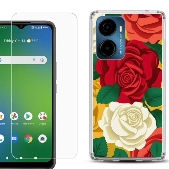 For Cricket Magic 2 5G Phone Case Cover, Shockproof Bumper Hybrid Case with Tempered Glass Screen Protector, by OneToughShield - Radiant Rose