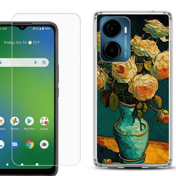 For Cricket Magic 2 5G Phone Case Cover, Shockproof Bumper Hybrid Case with Tempered Glass Screen Protector, by OneToughShield - Roses in a vase