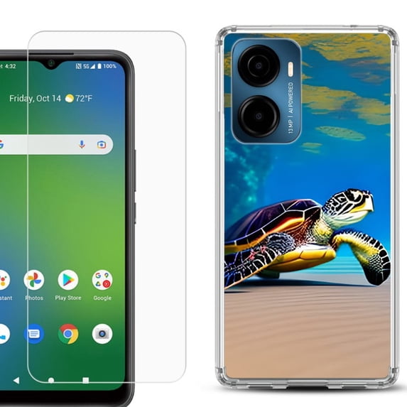 For Cricket Magic 2 5G Phone Case Cover, Shockproof Bumper Hybrid Case with Tempered Glass Screen Protector, by OneToughShield - Sea Turtle Beach