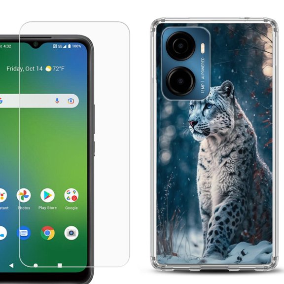 For Cricket Magic 2 5G Phone Case Cover, Shockproof Bumper Hybrid Case with Tempered Glass Screen Protector, by OneToughShield - Snow Leopard