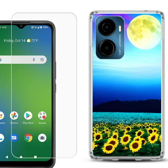 For Cricket Magic 2 5G Phone Case Cover, Shockproof Bumper Hybrid Case with Tempered Glass Screen Protector, by OneToughShield - Sunflower Moon