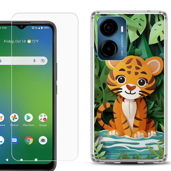 For Cricket Magic 2 5G Phone Case Cover, Shockproof Bumper Hybrid Case with Tempered Glass Screen Protector, by OneToughShield - Tiger Craft